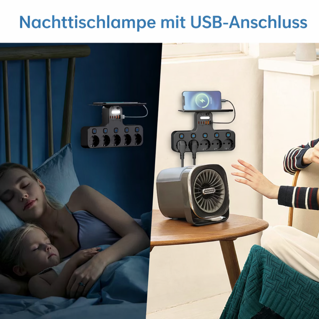 Wall-Mounted Power Strip with USB Ports, Phone Holder, and Night Light
