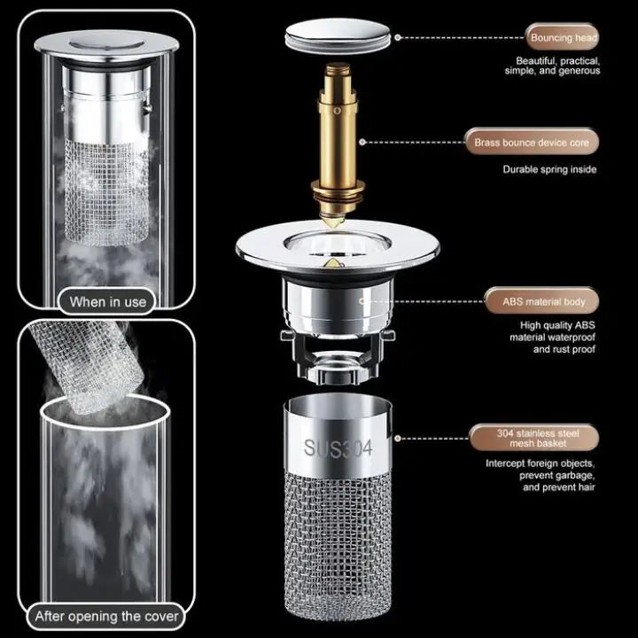 Anti-Clog Drain Strainer with Pop-Up Function